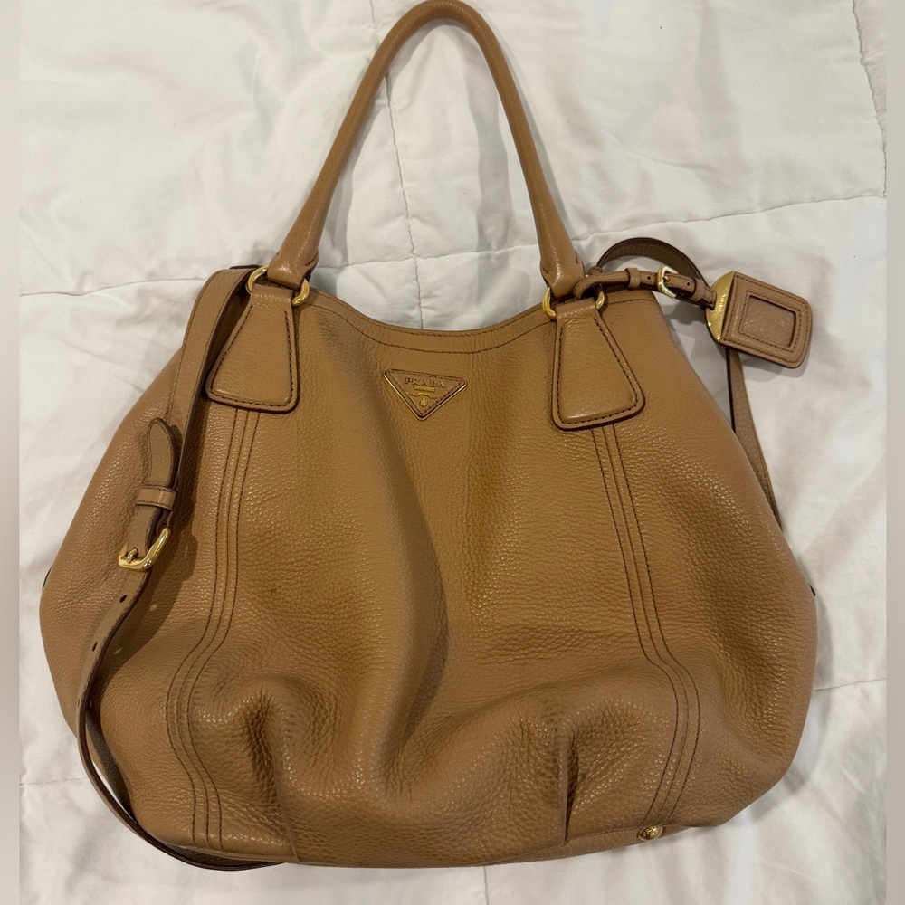 Prada 100% Authentic Sacca 2 Manici Vitello Daino Satchel Bag in Caramel Mustard